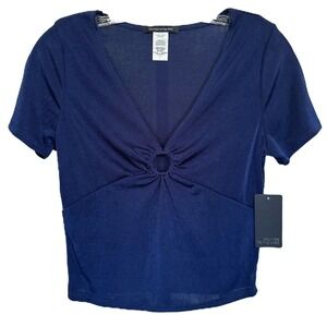 Caution To The Wind Junior's V-Neck Short Sleeve Crop Top Size L Navy Blue